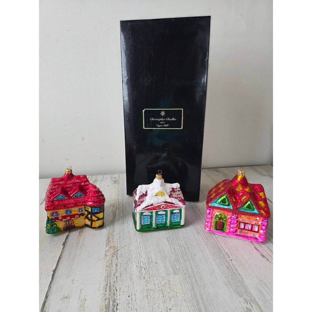 Vintage radko sugar Hill cottage House‎ glass ornament 1997 set lot glitter Xmas